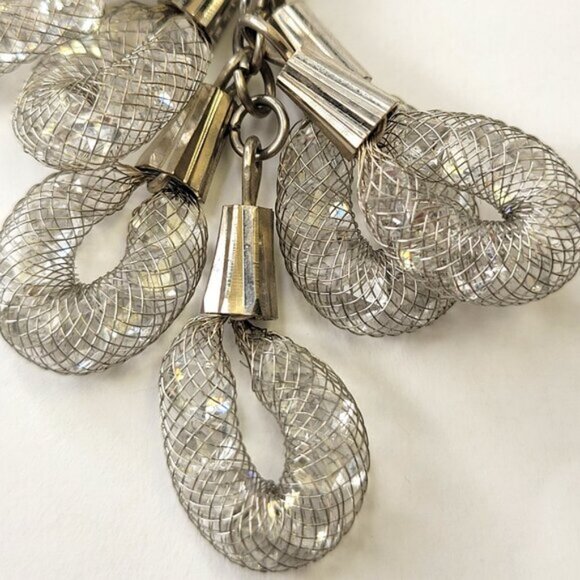 Silver Mesh Net Crystal Dangle Earrings - Picture 3 of 9